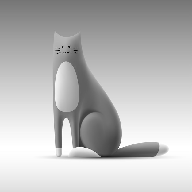 Vector grijze kat in 3d-beeldverhaalstijl geïsoleerde illustratie van volumetrische leuke grappige kat zittende kat