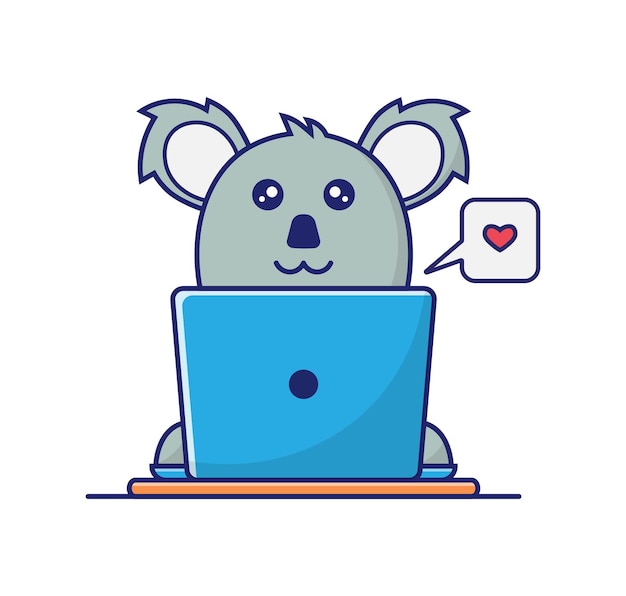 Grijze koala's die werken met blauwe laptop en liefde, bruine tafelillustratie