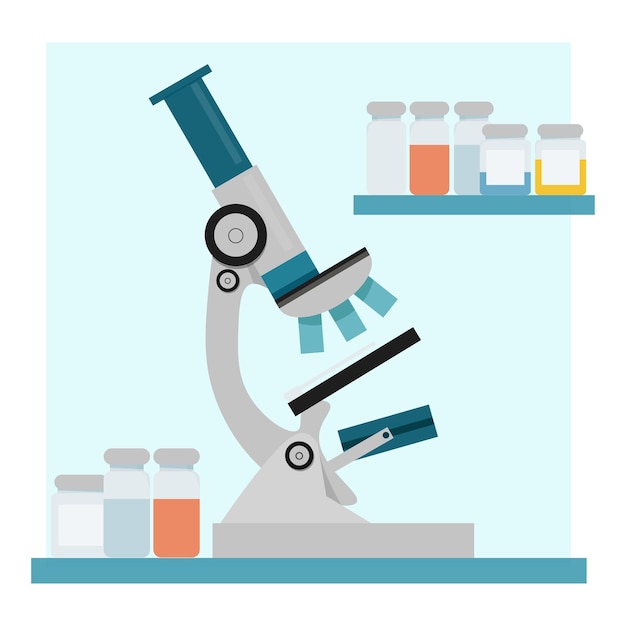 Grijze medische microscoop met medische vloeibare flessen