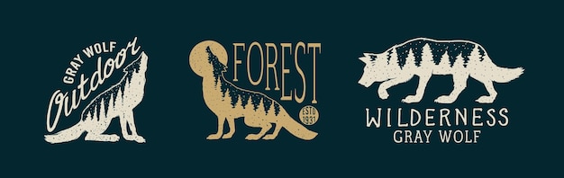 Grijze wolf logo en badge bos en berg en heuvel dubbele blootstelling concept een roofdier wild