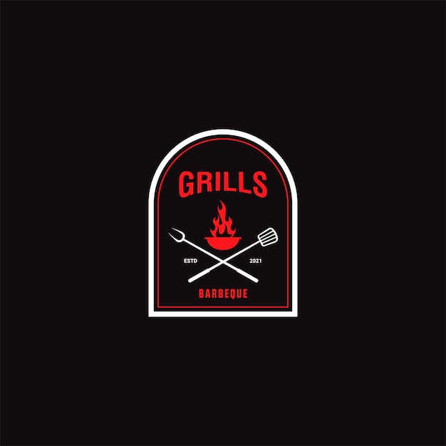 Vector grill badge retro emblem with fire flame logo design