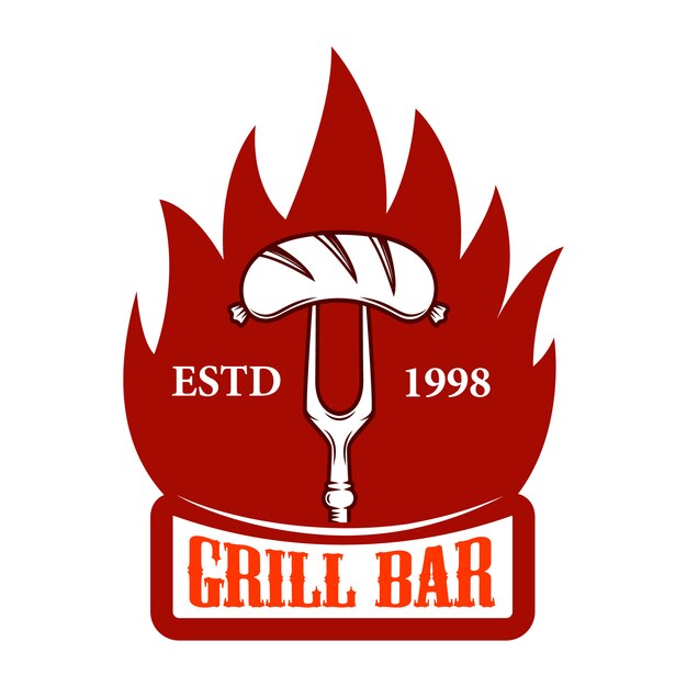 Grill bar. forcella con salsiccia e fuoco. elemento per logo, etichetta, emblema, segno. immagine