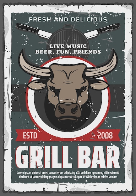 Grill bar retro poster.  bull head and beef