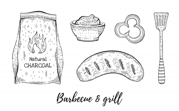 Grill and barbecue reataurant menu sketch set. 