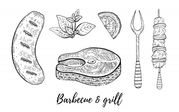 Vector grill and barbecue reataurant menu sketch set.