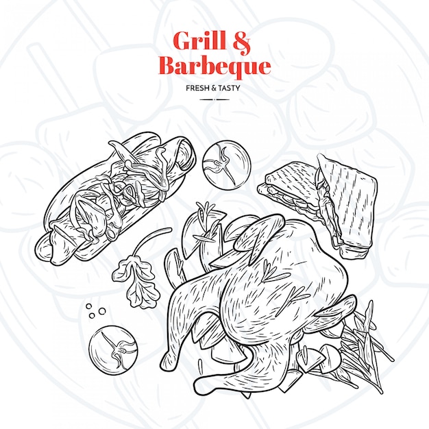 Grill and barbeque hand drawn elementes