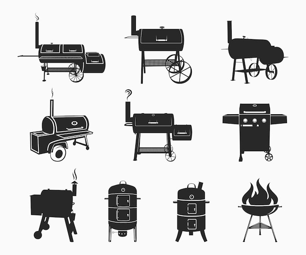 Vector grill bbq-pictogram silhouet set houtskoolgrills gasgrills en houtgestookte grills vector illustratie