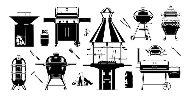 Vector grill bbq sihouette set. barbecue grilling tools. charcoal grills, gas grills & wood fired grills