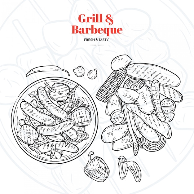 Grill en barbecue hand getrokken elementen