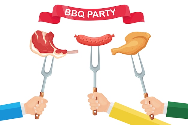 Grill hete kip ham, worst, rundvleesribben, biefstuk met vork in de hand op witte achtergrond. gefrituurd vlees. festival lint. barbecue icoon. bbq-picknick, familiefeest. cookout-evenement.