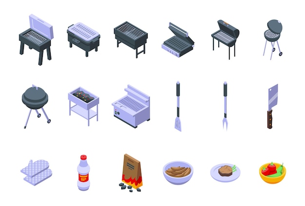 Grill icons set isometric vector Round cooking Food equipment