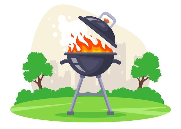 Grill meat in a barbecue grill rest at nature flat vector illustration