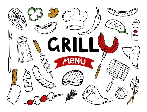 Grill menu hand drawn menu items of restaurant bar cafe Vector of barbecue food doodles