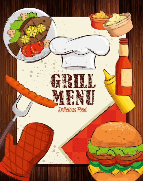 Grill menu with hat chef and delicious food in wooden table