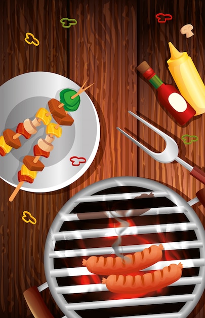 Vector grill menu with oven and icons in wooden table