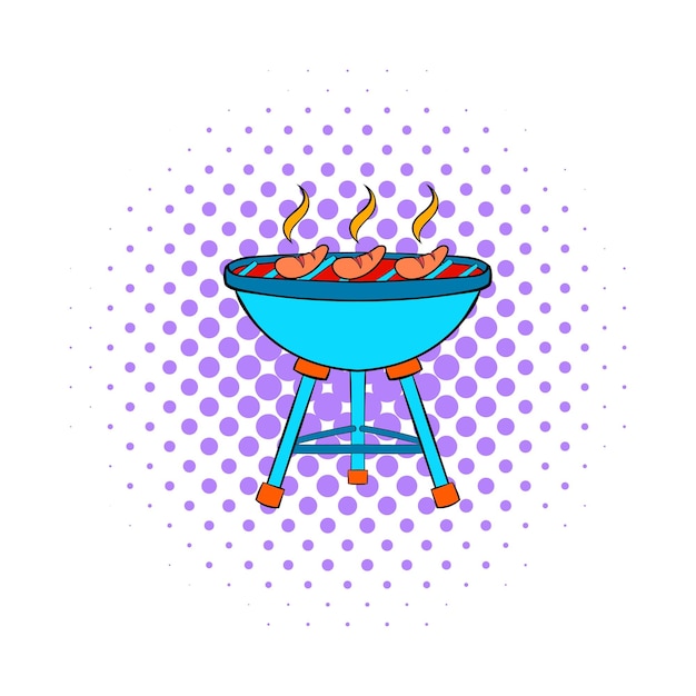 Grill sausages icon in comics style on dotted background Food and rest symbol