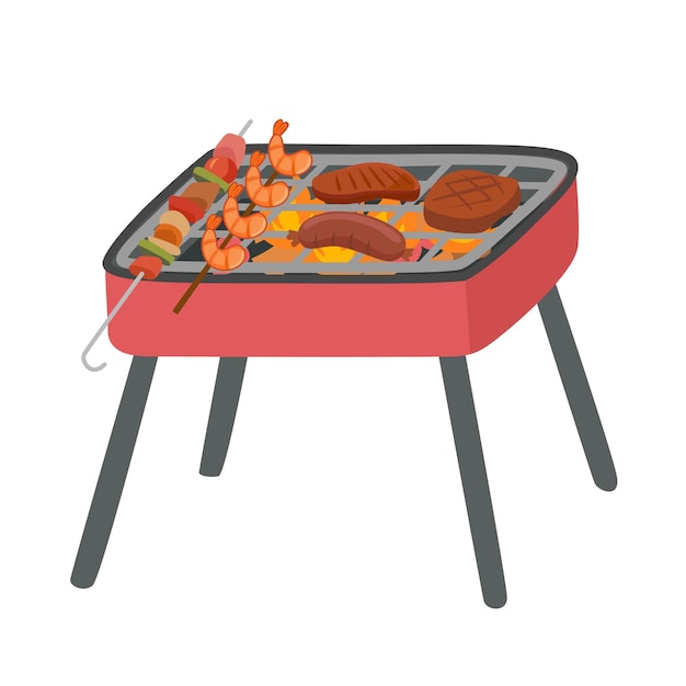 Grill vector Barbecue clipart with skewers Camping element outdoor activity Flat cartoon vector