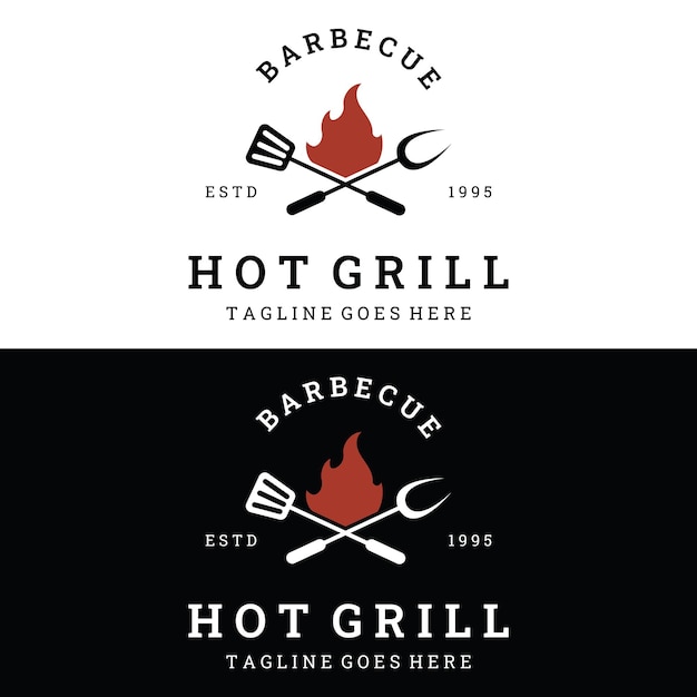 Grilled barbecue typography Logo design with crossed fire and spatulaLogos for restaurants cafes and bars