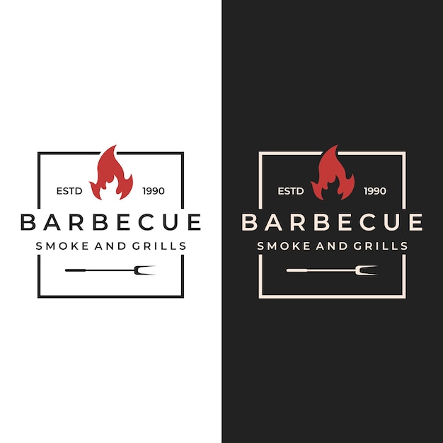 Grilled barbecue typography Logo design with crossed fire and spatulaLogos for restaurants cafes and bars