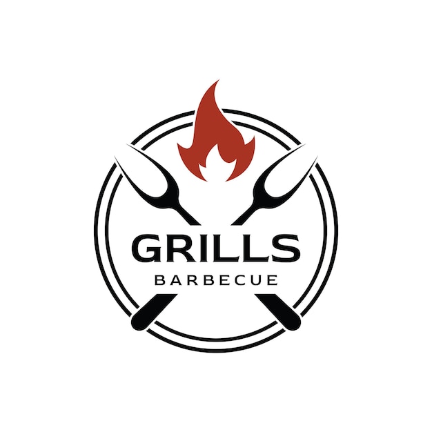 Grilled barbecue typography Logo design with crossed fire and spatulaLogos for restaurants cafes and bars