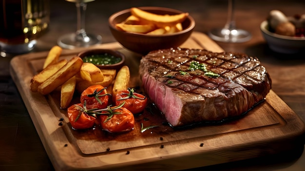 Bistecca di manzo alla griglia con patatine fritte di pomodori e vino su una tavola di legno da cucina da taglio