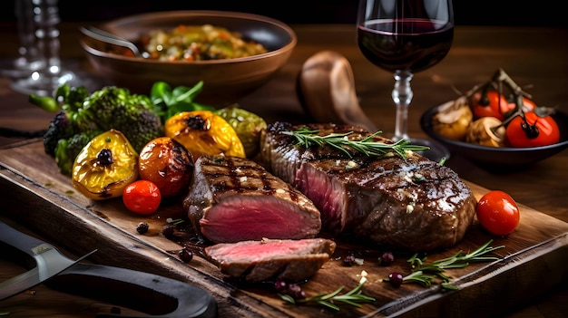 Vettore bistecca di manzo alla griglia con pomodori e vino su una tavola di legno da cucina da taglio