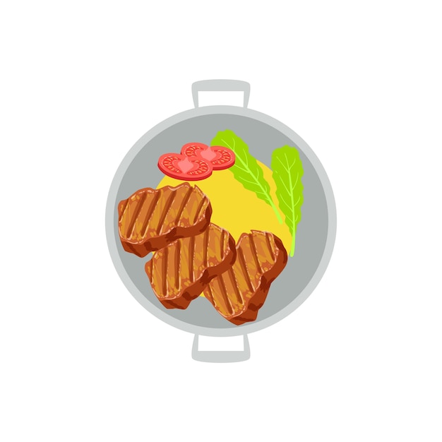 Grilled Beef Steaks With Side Of Mashed Potatoes And Fresh Tomato Vector Illustration Food Cooked On Grill Cafe Menu Dish