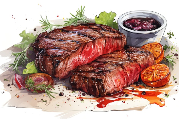 Grilled beef steaks with spices and fresh tomatoes Watercolor hand drawn illustration