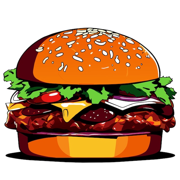 Vector grilled burger with onion ketchup and fries vector illustration