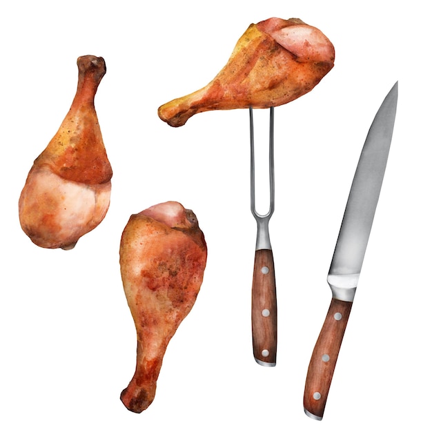 Vettore coscia di pollo alla griglia sulla forcella illustrazione ad acquerello