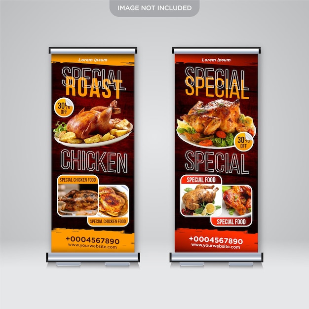 Menu di cibo di pollo alla griglia arrotolare il modello di design banner standee