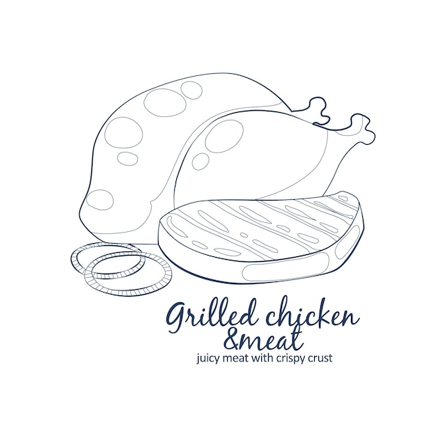 Grilled chicken and meat icon Vector picture of barbecue meat Hand drawn linear illustration on white background