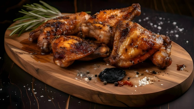 Grilled chicken wings on grill roasted chicken with rosemary baked chicken thighs on wooden board