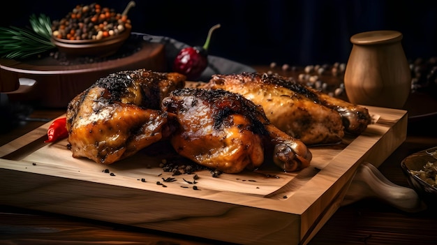 Vettore ali di pollo alla griglia su pollo arrosto alla griglia con cosce di pollo al forno al rosmarino su tavola di legno