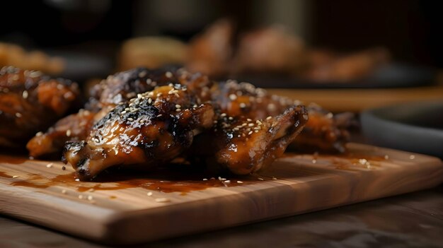 Vettore ali di pollo alla griglia su pollo arrosto alla griglia con cosce di pollo al forno al rosmarino su tavola di legno