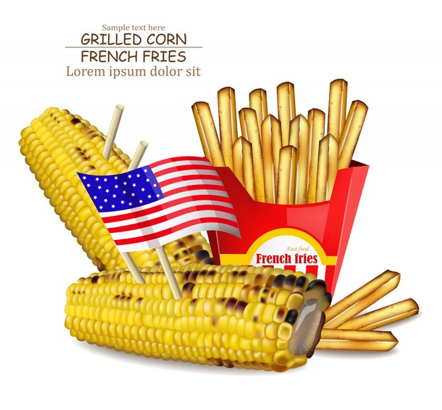 Vector grilled corn and french fries