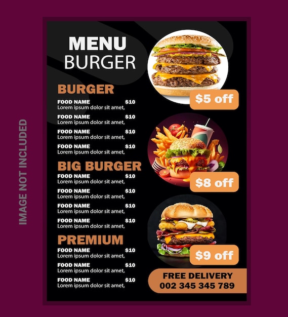 Grilled food burger PastaPizza and veggies restaurant food menu template