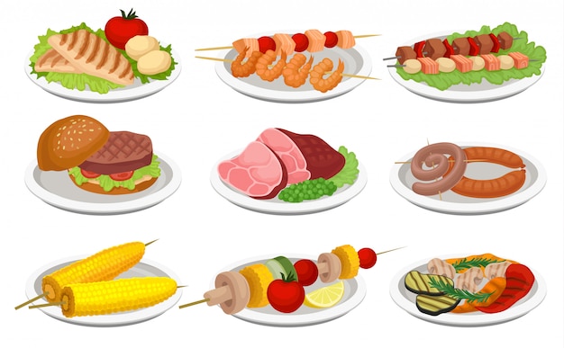 Grilled food set, delicious dishes for barbecue party menu, meat and vegetarian food  Illustration on a white background