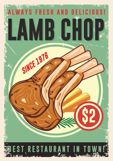 Grilled lamb loin chops restaurant menu sign retro poster vector template