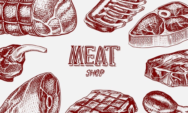 Вектор Плакат с мясом на гриле стейк из свинины или говядины баннер для барбекю еда в винтажном стиле фон для эмблем или значков меню ресторана ручной рисунок эскиза