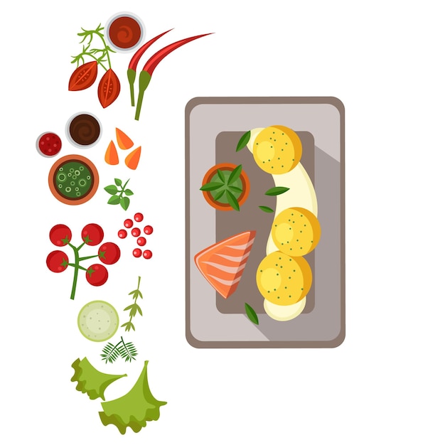 Vector grilled salmon on plate. flat vector illustration