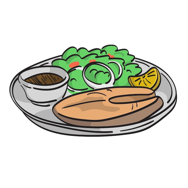 ベクトル 焼きサーモンのプレートや調理されたトナステーキのイラスト ベクトル 手描き 孤立