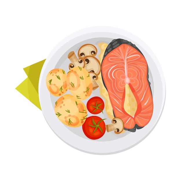 Вектор Стейк из жареного лосося с грибами и помидорами, подаваемый на плоской тарелке векторная иллюстрация верхний вид концепции аппетитной еды