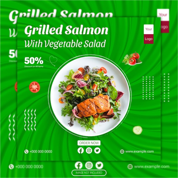 Vector grilled salmon with vegetable salad social media post template