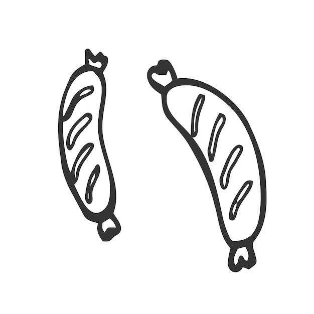Salsiccia alla griglia, contorno disegnato a mano, icona doodle, schizzo vettoriale, illustrazione di salsiccia per stampa web