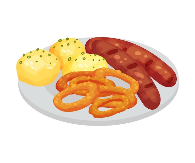 Grilled Sausages and Baked Potato Rested on Plate as Festive Food for Oktoberfest Celebration Vector Illustration