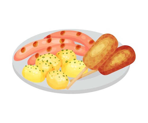 Vector grilled sausages and baked potato rested on plate as festive food for oktoberfest celebration vector illustration