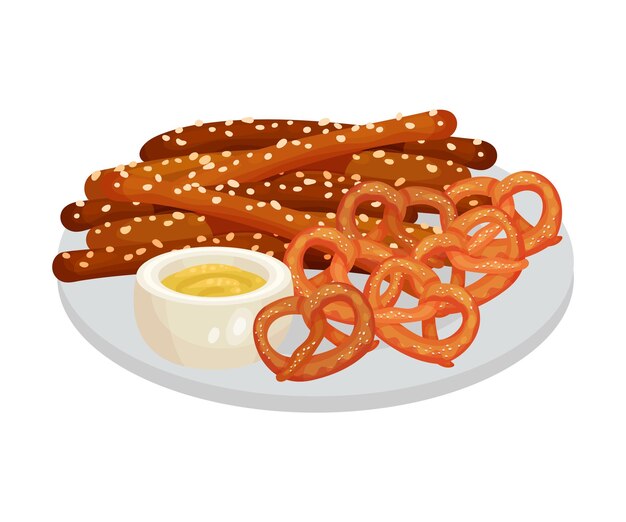 Vector grilled thin sausages or wiener with salted pretzel rested on plate as festive food for oktoberfest celebration vector illustration