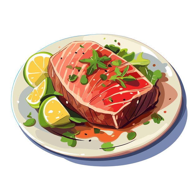 Grilled tuna steak on plate Cooked salmon fillet fish with vegetables Vector seafood illustration