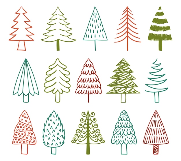 Vector grillige doodle kerstbomen set verfraai uw vakantie met charmante handgetekende bomen heerlijke feestelijke ontwerpen die een vleugje vreugde brengen aan de kerstviering cartoon vectorillustratie